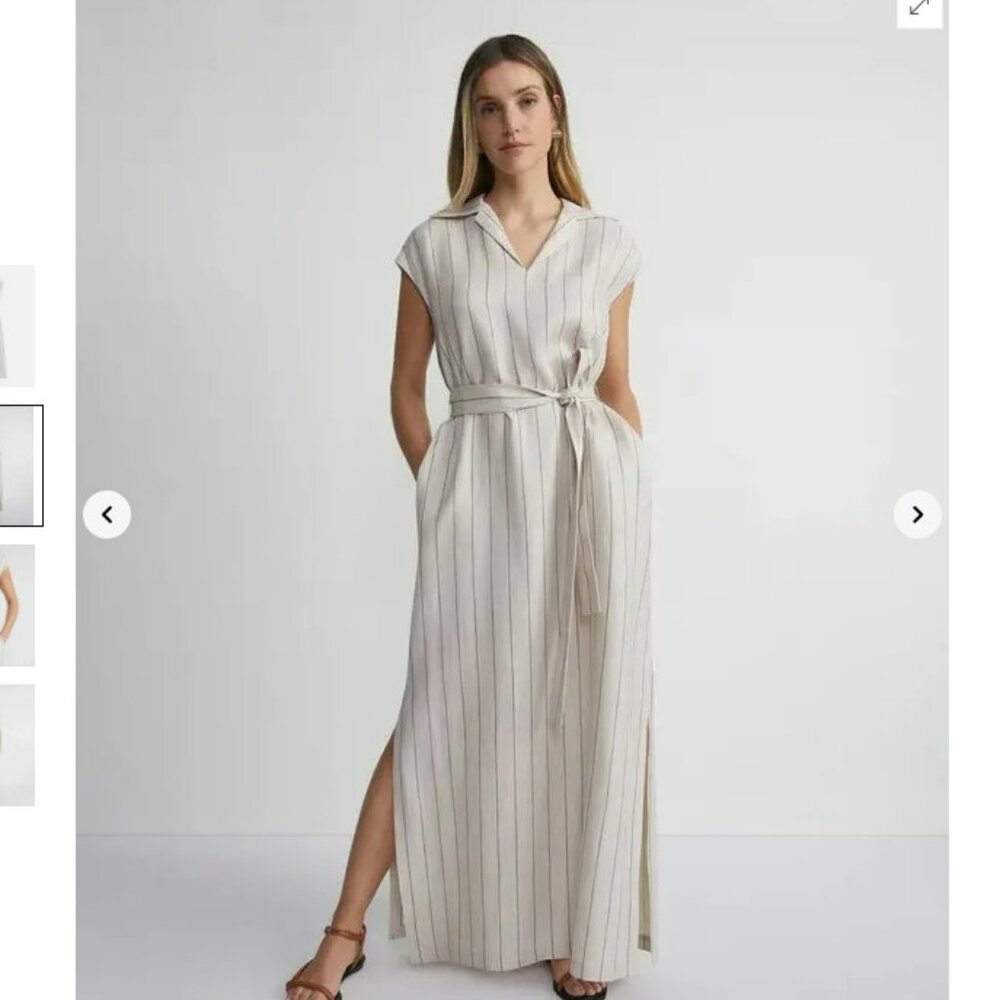 Lafayette 148 New York Pinstripe Linen Popover Tan with Belt Maxi Dress Size XS